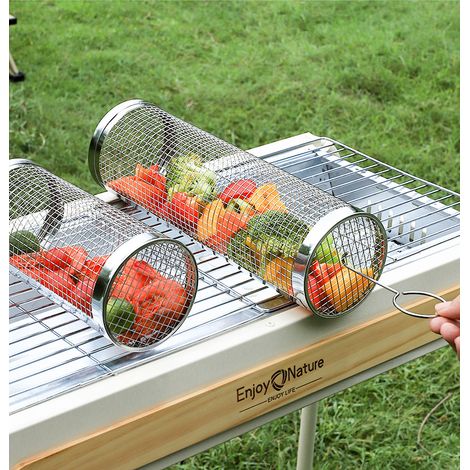 Lot de 2 paniers de barbecue rotatifs en acier inoxydable, pour viandes légumes poissons frites, compatible tous barbecues (1/5)