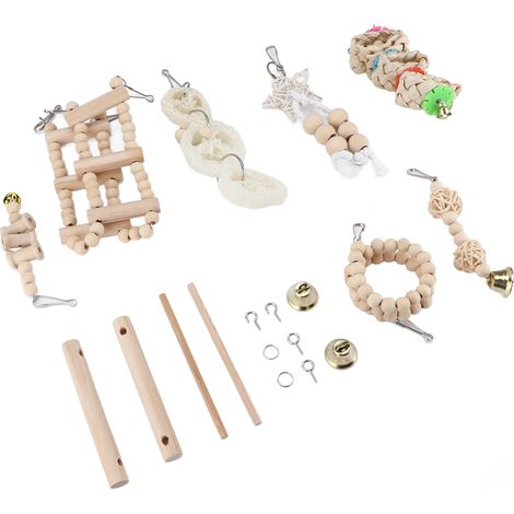 8-teiliges Papageienspielzeug-Set aus Holz: Schaukel, Kauspielzeug, Käfignest, Hängespielzeug, Spiralleitern, vertikale Sitzstangen. (1/5)