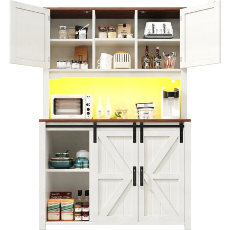 Buffet haut Cuisine avec éclairage intelligent,2 tiroirs et Étagères réglables,Portes X élégantes,115×40×174,7 cm,Blanc (1/5)