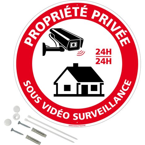Panneau de signalisation rétro réfléchissant rond prépercé PVC ou ALU diam 250mm ou 300mm + Kit de fixation pour pose facile, rapide - Propriété privée sous vidéosurveillance - Aluminium 2 mm - Rétror