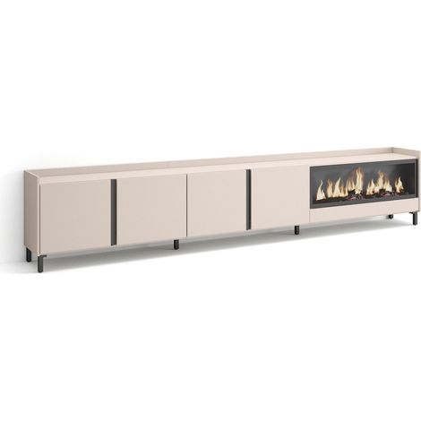 Skraut Home - Meuble TV, Banc Télé, Grand espace de Rangement, 315x35x61cm, Pour les TV jusqu'à 80", Cheminée électrique XXL, Design industriel, Style moderne, Beige (1/5)