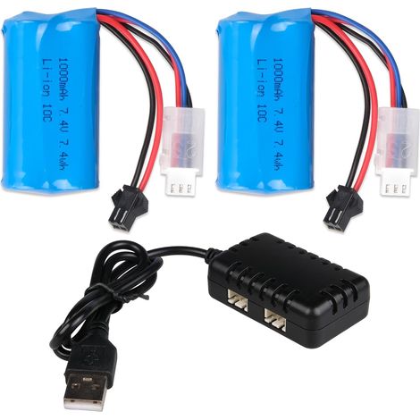 2 Pièces 7,4 V 1000 mAh Batteries Li-ION avec Connecteur SM-2P et Chargeur USB pour Voiture RC D90/91, 99/99s D12, Bateau Radiocommandé H101 et Blasters de Billes de Gel (1/5)
