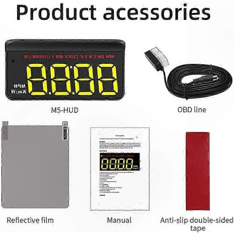 Écran Tête Haute M5 OBD2 Scanner Multifonction Affichage Vitesse Numérique Alarme Voiture Projecteur Pare-brise Réfléchissant Universel (1/5)