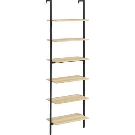 Étagère échelle mural bibliothèque style industriel 6 étagères acier noir aspect bois naturel dim. 60L x 30l x 206H cm