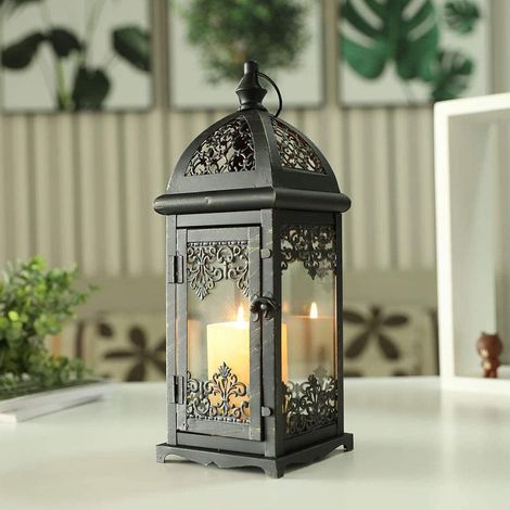Lanterne À Bougie de Marocain Lanterne 38cm Métal Bougeoir Style Vintage Grande Decoration aid Marocaine Orientale pour La Maison Balcon Intérieur Extérieur Mariages(Noir) (1/5)