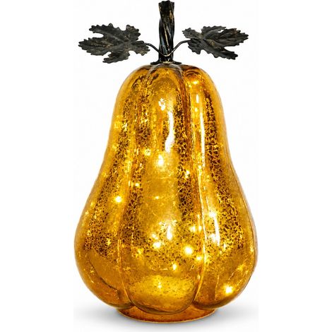 Lanterne citrouille en verre LED, décoration d'Halloween, verre soufflé teinté, lumière chaude, ornement d'automne pour la maison, courge à feuilles dorées, 14 x 25 cm (1/5)