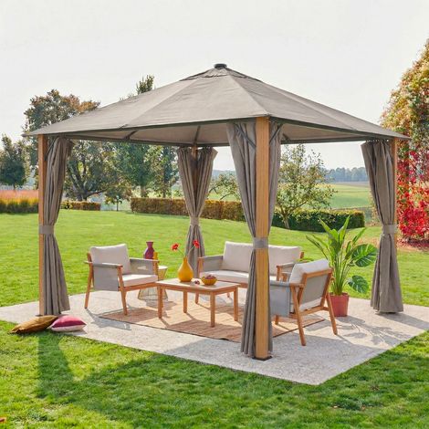 Tonnelle 3x3m aluminium effet bois avec rideaux et led beige - Veluna