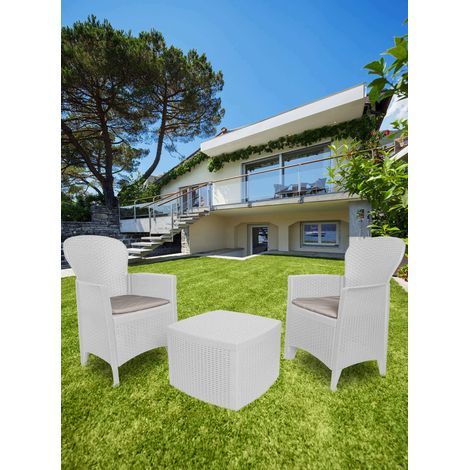 Ensemble salon de jardin 2 fauteuils et table basse – Polypropylène résistant intempéries – Coussins inclus – Dimensions fauteuils 60x58x85cm (1/6)