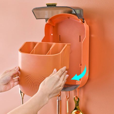Porte-baguettes mural avec couvercle et conception anti-poussière, cage à baguettes de cuisine, support à baguettes, boîte de rangement pour égouttage de la vaisselle 8003 Orange (1/5)