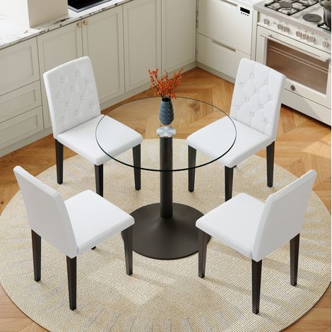 Ensemble table et chaises, table ronde en verre Ø85 cm et 4 chaises blanches en PU HAVRYA (1/5)