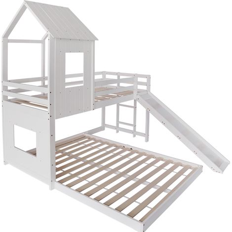 Lit superposé enfant avec toboggan maison blanc 90x200 et 140x200 cm (1/5)