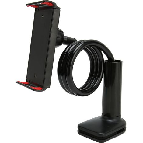 Soporte para teléfono móvil con pinza, brazo flexible tipo cuello de cisne y rotación ajustable de 360° para sillas de ruedas.