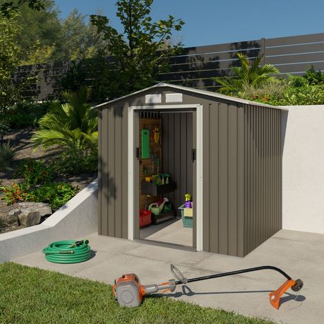 Trigano – Abri de jardin métal gris/vert 3,26 m² – Kit d'ancrage inclus – Double porte coulissante – Grilles de ventilation intégrées
