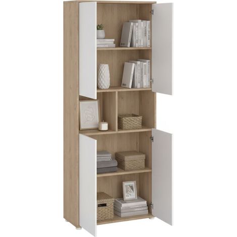 Dmora - Aparador Pierre, Bufé de salón, Aparador de salón, Despensa de cocina, 80x34 h205 cm, Roble y Blanco