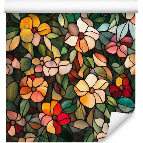 Papier peint à motifs de fleurs en vitrail, or et vert bouteille, 50 x 1000 cm (1/5)