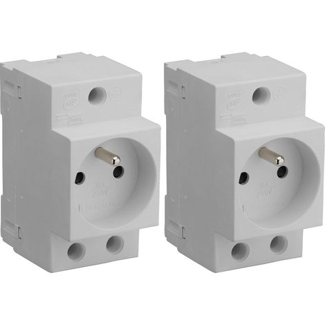 Prise Électrique 2P+T Pour Tableau Electrique - Prise Modulaire 10/16A avec Terre - Montage sur Rail DIN - Grise (Lot de 2)