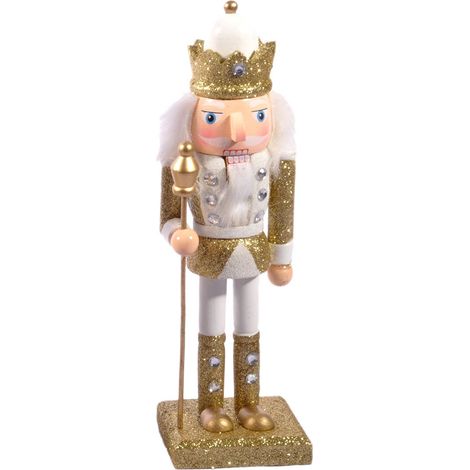 Ciao Schiaccianoci Natale Soldatino Re con scettro (24cm) in legno glitterato, oro/bianco (1/4)
