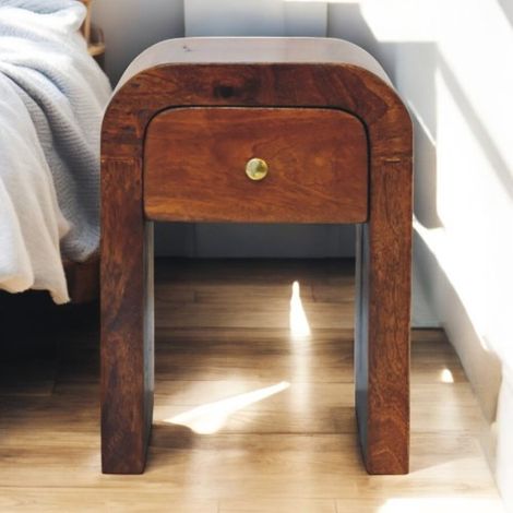 Mini Solid Wood Nightstand in Dark Brown with Curved Edges and 1 Drawer-Elegant Chestnut Design for Bedroom Storage