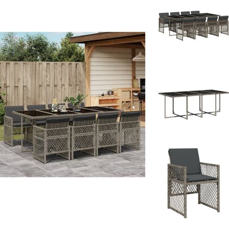 9-tlg. Garten-Essgruppe mit Kissen Grau Poly Rattan - Garten Essgruppe - Garten Essgruppen - Outdoor Essgruppe - Terrasse Essgruppe (1/5)