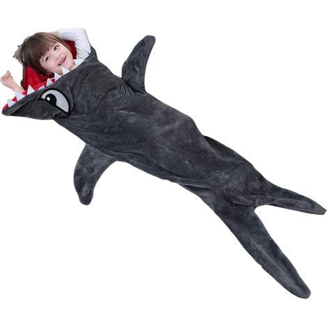 Sac de couchage enfant en flanelle douce et épaisse, motif queue de requin grise et chaude (1/4)