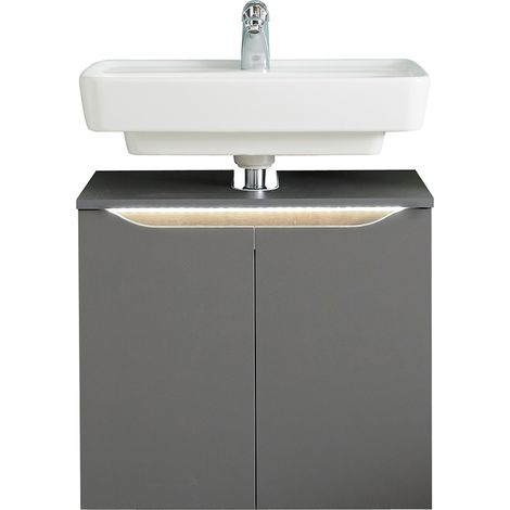 Badezimmer Waschbeckenunterschrank mit Griffbeleuchtung QENA-66 in Quarzgrau Matt Touch mit Riviera Eiche Nb., B/H/T ca. 60/53/33 cm (1/5)
