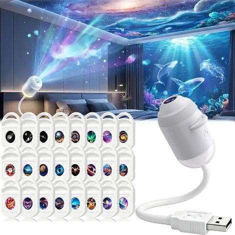 Projecteur galaxie HD 2 en 1, plug and play, 24 films, USB, veilleuse
