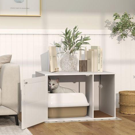 Animal Maison de toilette chat meuble litière pour tapis griffoir porte avec poignées style bohème 80 x 50 x cm - blanc