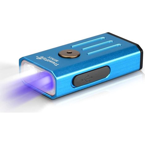 LED-Schlüsselanhänger-Taschenlampe, 320 lm, Mini-EDC-Licht, kleine, leichte tragbare Taschenlampe (weißes + UV-Licht (365 nm), Dual-Licht, hellblaues Gehäuse)