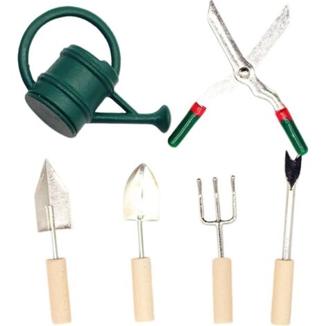 Ensemble D'outils de Jardinage Miniatures en Alliage et Plastique Léger Arrosoir, Ciseaux et Pelle pour Décoration et Aménagement de Scène de Mini-Maison (1/5)