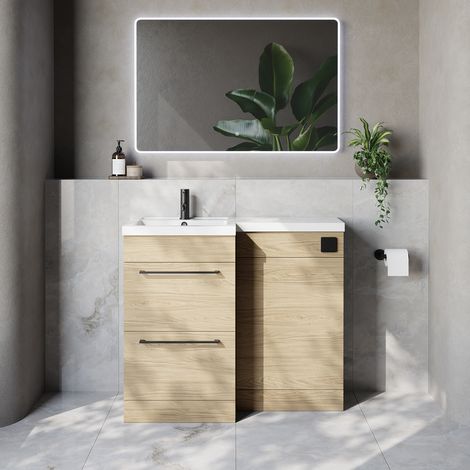 Napoli 390 Light Oak 1000mm 2 Drawer Vanity Unit Toilet Suite with Left Hand Square Lucia Basin - 1000mm - Matt Black 320mm HandleWithout Kingston Toilet Pan