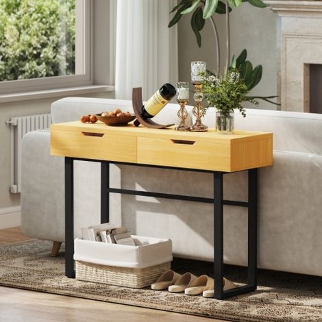 Table d'entrée – Table d'appoint étroite pour couloir, avec 2 tiroirs et structure métallique – Finition bois naturel (1/3)