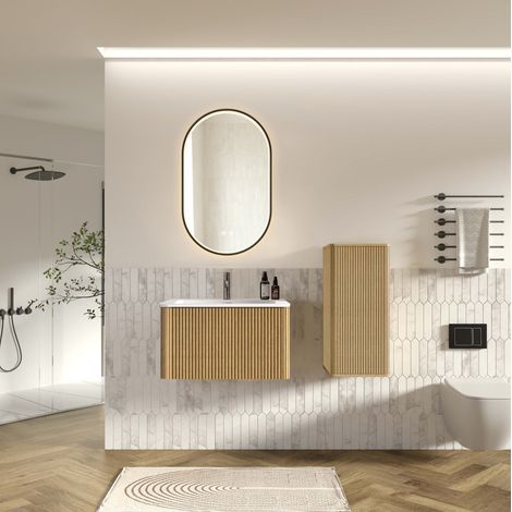 Ensemble meuble salle de bain suspendu 80 cm avec vasque, miroir LED et meuble chêne (1/5)