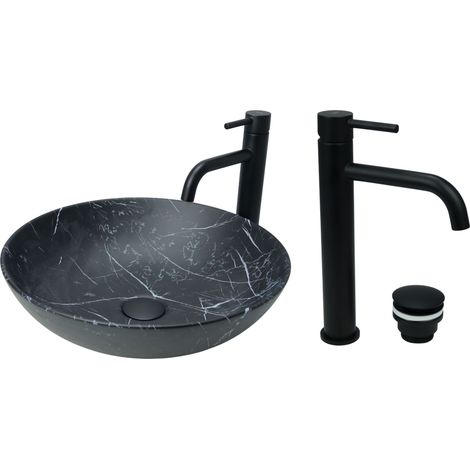 GTM Design Aufsatzwaschbecken 40 cm Matt Set mit Waschtischbatterie und Stopfen - Aufsatzwaschbecken Oval für Badezimmer - Modernes Waschbecken ohne Hahnloch - Waschbecken mit Armature (1/5)