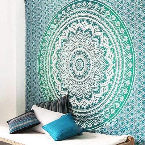 Tapisserie Bohême Mandala Tapisserie Tenture Murale pour La Décoration Murale Hippie Tapisserie Tapis De Plage Tapis Rond De Yoga (Vert,210  150) (1/4)