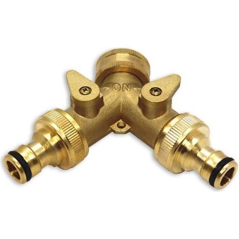 Distributeur en Y Distributeur d'eau en laiton de 3/4 pouce, distributeur de raccordement d'eau à 2 voies Accessoires de réservoir IBC, robinet de sortie IBC pour mégot d'eau pour deux tuyaux d'entrée