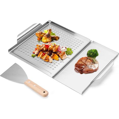 Poêle à griller avec poignées et trous en acier inoxydable pour barbecue à gaz et au charbon de bois, poêle d'extérieur avec surface plate pour légumes et viandes (1/5)