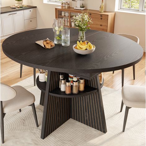 MODFU – Tavolo allungabile 110-150x110x76 cm in MDF/metallo nero, rotondo o allungato, vano aperto e fino a 8 persone – Nero (1/5)