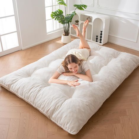 Matelas Futon 2 Places Épais 15CM Garnissage en Mousse Déchiquetée, Tissu Chenille avec Boutonné Design, Enroulable Matelas de Sol/Futon Pliable Pratique (Cadre Non Inclus) (1/5)