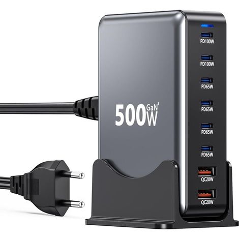 500-W-USB-C-Ladegerät – 8-in-1-GaN-III-PPS-Schnelllade-Steckdosenleiste, 2 PD100-W-Anschlüsse/4 PD65-W-Anschlüsse/2 QC3.0-USB-A-Anschlüsse, Laptop-Ladegerät kompatibel mit MacBook Pro/Air/iPad/iPhone/ (1/5)