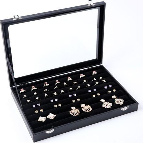 Noir,35x24 cm，Boîte à bijoux en velours noir avec couvercle en verre Boîte à bijoux avec couvercle en verre transparent pour bagues, boucles d'oreilles et boutons de manchette (1/4)