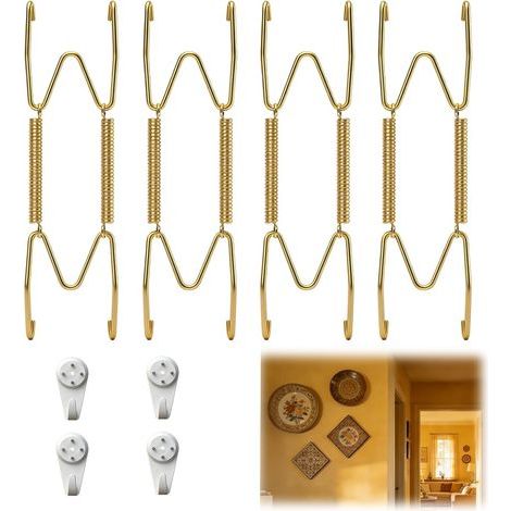 Juego de 4 soportes de pared para platos - Metal dorado - Sistema elástico en forma de W - Para platos y vajilla decorativos - Sala de estar, cocina, recibidor - Dorado - 25,4 cm (1/5)
