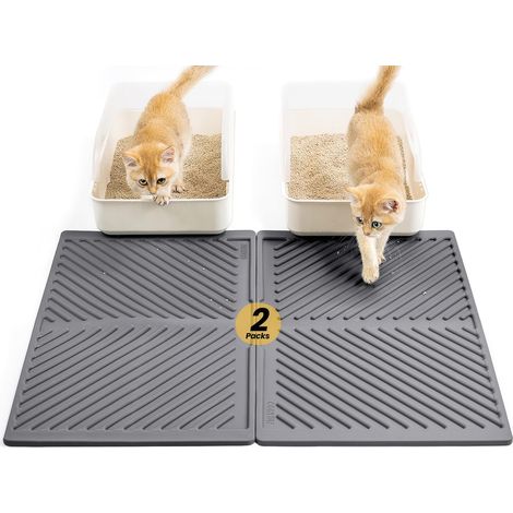Lot de 2 Tapis de litière chat en silicone, étanche et antidérapant, lavable pour bac à litière, gris