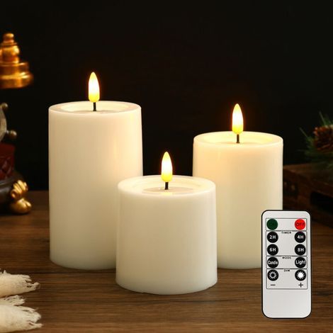 Pack extérieur de 3 bougies LED étanches sans flamme avec télécommande, fonction minuterie de cycle, huile de cire à piles vacillante en plastique (ivoire, 7,5 cm x 10, 12,5, 15, 17,5 (1/5)