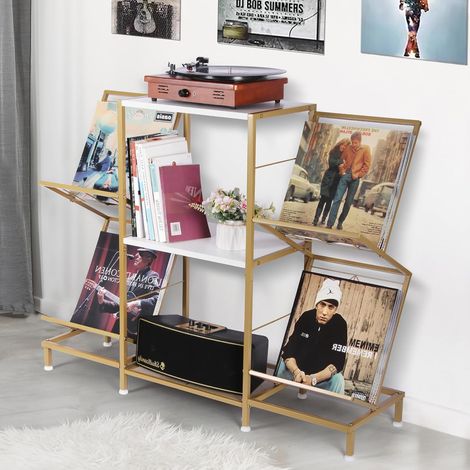 Tourne Disque Support, Meuble Platine Vinyle avec Range Vinyle à 4 Niveaux et Cadre Métallique, Rangement Tourne Disque Le Salon, Or Blanc (1/5)