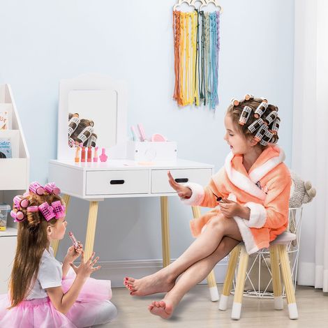 Tavolo da trucco per bambini ZONEKIZ con sgabello, specchio e 2 cassetti, età 3-6 anni, 60 x 40 x 95 cm, bianco e legno