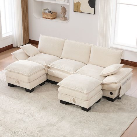 Modulares 3-Sitzer Sofa aus Cord mit 2 Hockern und praktischem Stauraum, ergonomische Couch mit USB-C Anschluss, Beige, 260x132x84 cm (1/5)