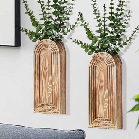 Lot de 2 vases muraux en bois – Finition marron – Décoration murale moderne de ferme et bohème pour entrée, couloir, salle de bain, salon, salle à manger, espaces étroits (1/5)