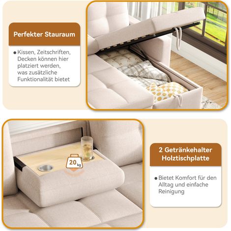 Canapé d'angle moderne, convertible modulaire avec couchage escamotable, fonction lit escamotable, rangement intégré, porte-gobelet rabattable, idéal salon et pièce à vivre. (1/5)