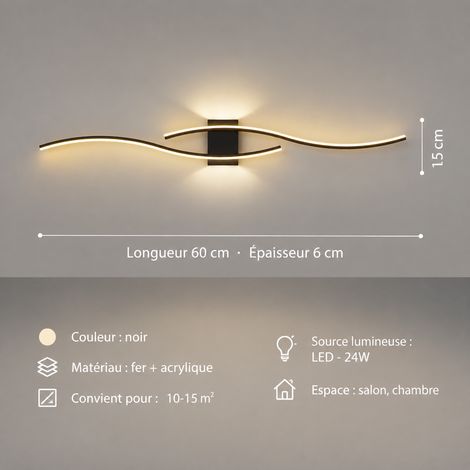 Applique murale LED linéaire moderne noir 60 cm lumière chaude pour salon et chambre 1,01 kg – Livraison gratuite