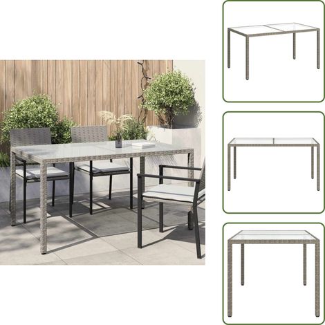 Gartentisch 150x90x75 cm Hartglas und Poly Rattan Grau - Gartentisch - Outdoortisch - Terrassenmöbel - Polyrattan Möbel - Gartenmöbel Set (1/5)